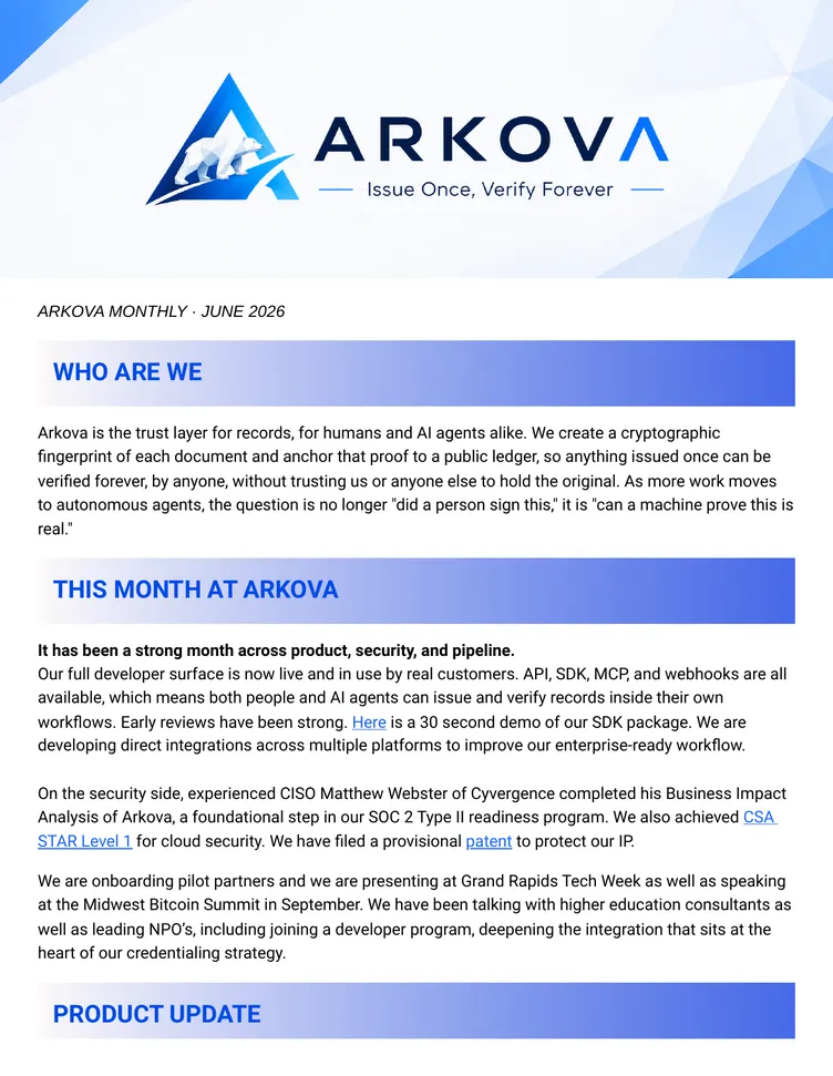 Arkova Monthly — June 2026 newsletter cover